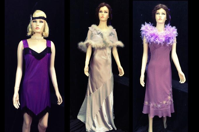 l-r Short showgirl dress, Tallulah dress, lilac boa dress