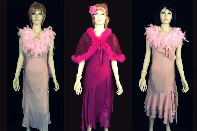 Tallulah dress centre and 2 pink boa dresses